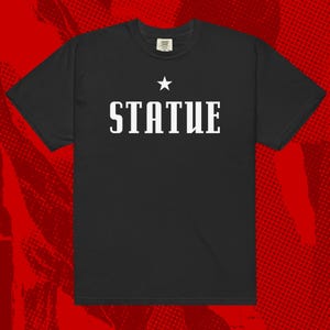 May include: Black t-shirt with the word "STATUE" in bold white letters and a white star above it. The shirt is a crew neck style and has a tag at the neckline. The background is a red and black design.