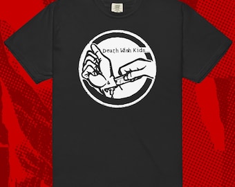 May include: Black t-shirt with a white circle graphic. The graphic depicts two hands, one holding a razor blade and the other with a cut wrist. The text "Death Wish Kids..." is inside the circle.