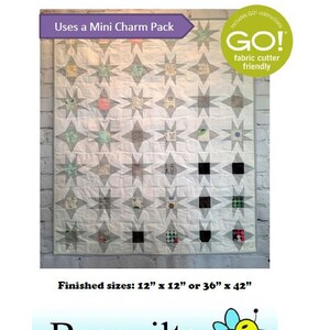 May include: A quilting pattern for a quilt called "Kitty Cat Stars" that uses a mini charm pack. The quilt is made of white fabric with gray and colored stars. The finished sizes are 12 inches by 12 inches or 36 inches by 42 inches. The pattern is fabric cutter friendly.