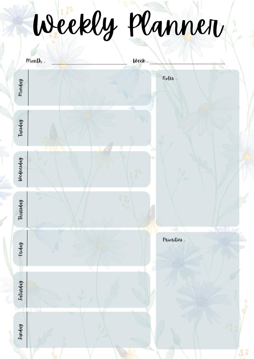 Weekly Planner Printable | Floral Digital Download | Undated Organiser ...