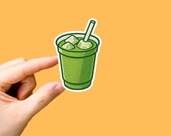 Pegatina de matcha helado: taza de té verde con cubitos de hielo y pajita. Bonita calcomanía gráfica de matcha para portátil, botella de agua y diario.