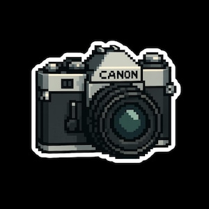 May include: Pixelated illustration of a Canon camera. The camera is primarily black and gray, with a prominent lens and the brand name "CANON" displayed on the top. The image has a retro, digital art style, set against a black background.