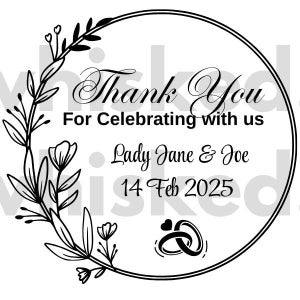 Könnte beinhalten: Schwarz-weiße Dankeskarte mit floralem Design. Die Karte lautet "Vielen Dank fürs Feiern mit uns Lady Jane & Joe 14. Februar 2025".