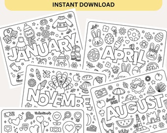 Maandelijkse kleurplaten: 12 maanden, voorschools leren (digitale download)