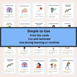 K&ouml;nnte beinhalten: Eine Sammlung illustrierter Karten mit Titeln wie &bdquo;Entscheidungen treffen&ldquo; und &bdquo;Positives Selbstgespr&auml;ch&ldquo;. Die Karten zeigen einfache Grafiken und Text, mit Anweisungen zum Drucken, Schneiden und Laminieren f&uuml;r den Einsatz beim Lernen oder in Routinen.