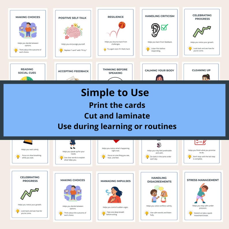 K&ouml;nnte beinhalten: Eine Sammlung illustrierter Karten mit Titeln wie &bdquo;Entscheidungen treffen&ldquo; und &bdquo;Positives Selbstgespr&auml;ch&ldquo;. Die Karten zeigen einfache Grafiken und Text, mit Anweisungen zum Drucken, Schneiden und Laminieren f&uuml;r den Einsatz beim Lernen oder in Routinen.