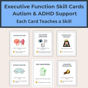 K&ouml;nnte beinhalten: Ein Set aus sechs Lernkarten mit dem Titel "Executive Function Skill Cards Autism & ADHD Support". Jede Karte zeigt eine andere F&auml;higkeit, darunter Aufmerksam bleiben, Anweisungen befolgen, mit Fehlern umgehen, Abendroutine, Selbst&uuml;berwachung und Umgang mit Frustration.