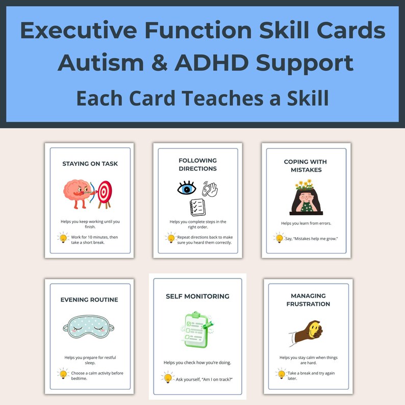 K&ouml;nnte beinhalten: Ein Set aus sechs Lernkarten mit dem Titel "Executive Function Skill Cards Autism & ADHD Support". Jede Karte zeigt eine andere F&auml;higkeit, darunter Aufmerksam bleiben, Anweisungen befolgen, mit Fehlern umgehen, Abendroutine, Selbst&uuml;berwachung und Umgang mit Frustration.