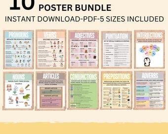 English Classroom Poster Bundle Bulletin Board Parts of Speech Pastel Boho Classroom Decor Modern English Classroom Posters Elementary