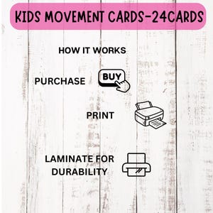 Op de afbeelding: Een witte houten achtergrond met zwarte tekst die "Kids Movement Cards - 24 Cards" luidt. Onder de tekst staat een zwart-witte illustratie die uitlegt hoe je de kaarten kunt gebruiken. De stappen zijn: "Kopen", "Afdrukken" en "Lamineer voor duurzaamheid".