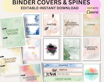 Classroom Binder Covers and Spines Editable Watercolor Teacher Organization PDFs Canva Editable Templates Binder Covers Modern Watercolor