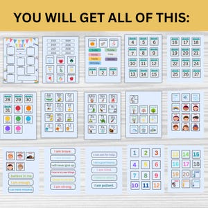 Op de afbeelding: Een set printbare educatieve kaarten voor kinderen. De kaarten bevatten een kalender, dagen van de week, getallen, kleuren, letters, weer, gevoelens en positieve affirmaties. De kaarten zijn ontworpen om kinderen te helpen leren en groeien.