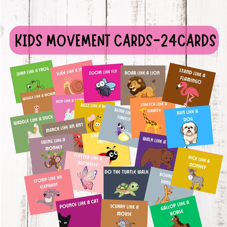 Op de afbeelding: Een set van 24 kleurrijke kaarten met dierillustraties en bewegingsaanwijzingen voor kinderen. Elke kaart toont een ander dier en een actiefrase zoals "Spring als een kikker" of "Waggelt als een eend".