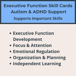 K&ouml;nnte beinhalten: Bild von Executive Function Skill Cards zur Unterst&uuml;tzung bei Autismus und ADHS. Der blaue Text in der Kopfzeile lautet "Executive Function Skill Cards Autism & ADHD Support Supports Important Skills". Aufz&auml;hlungspunkte listen auf: Entwicklung der Exekutivfunktion, Fokus & Aufmerksamkeit, Emotionsregulierung, Organisation & Planung und Unabh&auml;ngiges Lernen.