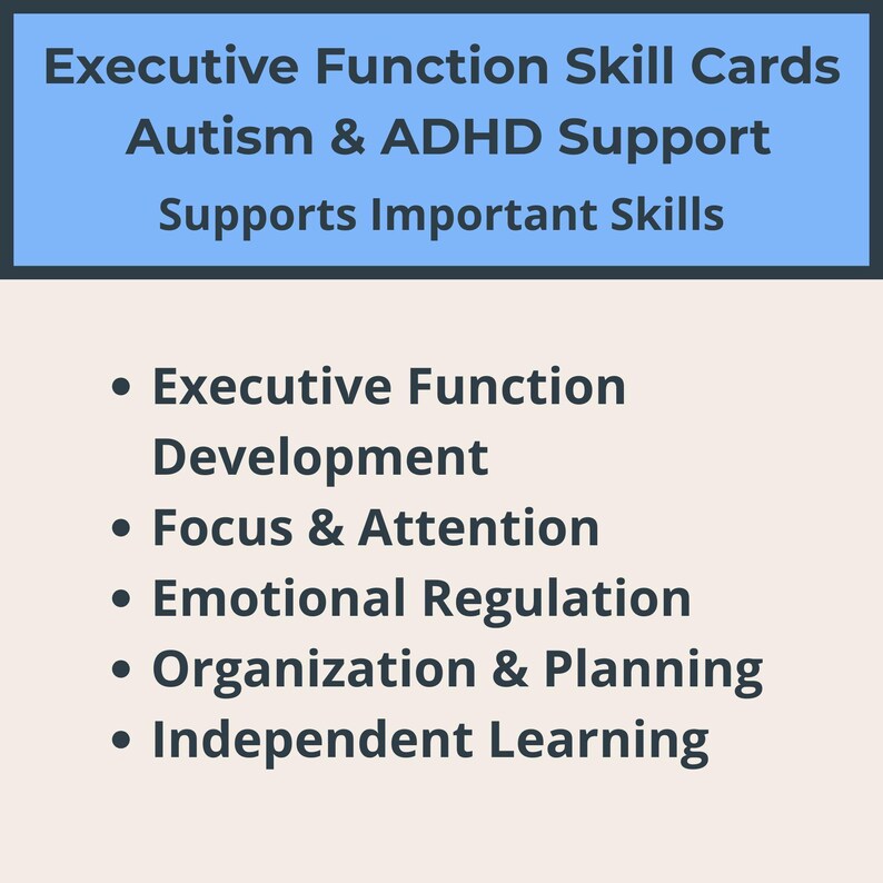 K&ouml;nnte beinhalten: Bild von Executive Function Skill Cards zur Unterst&uuml;tzung bei Autismus und ADHS. Der blaue Text in der Kopfzeile lautet "Executive Function Skill Cards Autism & ADHD Support Supports Important Skills". Aufz&auml;hlungspunkte listen auf: Entwicklung der Exekutivfunktion, Fokus & Aufmerksamkeit, Emotionsregulierung, Organisation & Planung und Unabh&auml;ngiges Lernen.