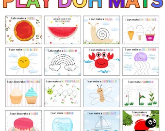 May include: A colorful play mat set with the text "PLAY DOH MATS" at the top. The mats feature illustrations of a pizza, watermelon, snail, ice cream, sun, rainbow, crab, jellyfish, cupcakes, caterpillar, butterfly, flowers, cake, fishbowl, sailboat, and ladybug.