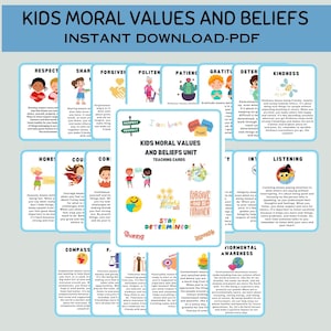 May include: A collection of colorful teaching cards for kids, featuring moral values and beliefs. The cards include illustrations and text, with titles like "Respect," "Sharing," and "Kindness." The words "Instant Download-PDF" are at the top.