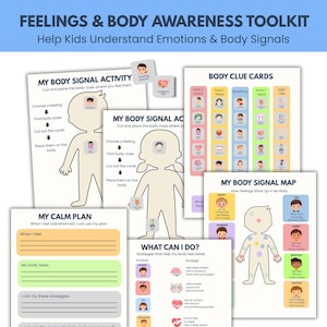 May include: A Feelings & Body Awareness Toolkit educational set featuring printed activity sheets. Includes My Body Signal Activity, Body Clue Cards, My Body Signal Map, My Calm Plan, and What Can I Do sheets with colorful illustrations and text.
