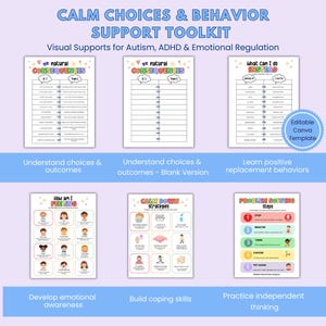 Può includere: Un kit di strumenti di supporto al comportamento e alle scelte calme con sei grafici educativi per la regolazione emotiva. Include Natural Consequences, What Can I Do Instead, How Am I Feeling, Calm Down Strategies e Problem Solving Steps.