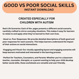 May include: A pink and white graphic with the text "GOOD VS POOR SOCIAL SKILLS" and "INSTANT DOWNLOAD" in a white box. The text "CREATED ESPECIALLY FOR CHILDREN WITH AUTISM" is in a white box with a pink background. The text describes real-life scenarios, good vs. poor responses, engaging and visual layout, and perfect for teachers, counselors, and parents.