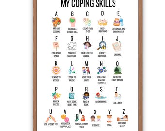 Bewältigungsfertigkeiten Alphabet-Poster, ABC-Bewältigungsfertigkeiten, Erdungsübungen für Kinder, ruhige Ecke, Schulbegleiter-Dekor