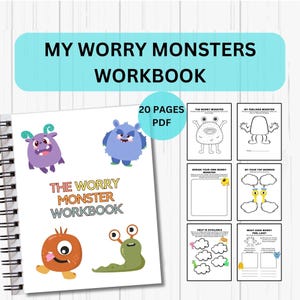 May include: A workbook titled "The Worry Monster Workbook" with colourful illustrations of monsters. The cover features four different monsters in various colours, including purple, blue, orange, and green. The workbook is designed to help children manage their worries and anxieties.
