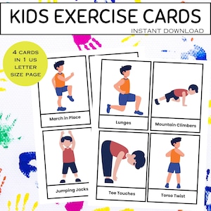 May include: Kids exercise cards with illustrations of various exercises, including lunges, jumping jacks, and torso twists. The cards are designed for kids and feature the text "Kids Exercise Cards" and "Instant Download."