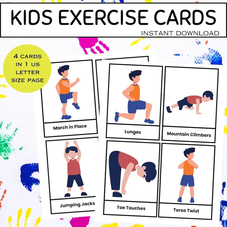 May include: Kids exercise cards with illustrations of various exercises, including lunges, jumping jacks, and torso twists. The cards are designed for kids and feature the text "Kids Exercise Cards" and "Instant Download."