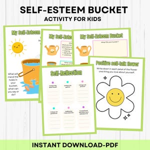 May include: Printable self-esteem activity for kids featuring a bucket, flower, and reflection prompts. The activity encourages kids to think about what fills their bucket, what they are good at, and what they are grateful for.