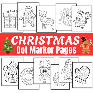 Peut inclure: Une collection de pages de marqueurs à points sur le thème de Noël. Les pages présentent diverses images de vacances, notamment le Père Noël, des rennes, des pingouins et un sapin de Noël. Le titre "CHRISTMAS Dot Marker Pages" est affiché en rouge et blanc.