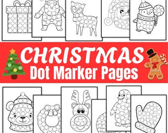May include: A selection of Christmas dot marker pages. The pages feature festive images such as Santa Claus, reindeer, penguins, and a Christmas tree. The title "CHRISTMAS Dot Marker Pages" is displayed in red and white.