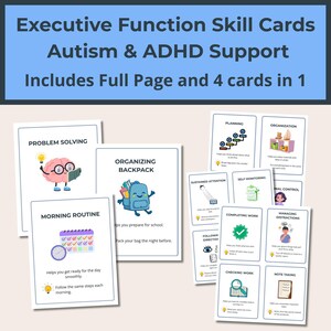 K&ouml;nnte beinhalten: Executive-Funktionskarten zur Unterst&uuml;tzung bei Autismus und ADHS. Die Karten umfassen Vollseiten- und 4-in-1-Optionen. Die Karten behandeln Themen wie Probleml&ouml;sung, Organisation und Morgenroutinen. Jede Karte hat einen Titel und hilfreiche Tipps.