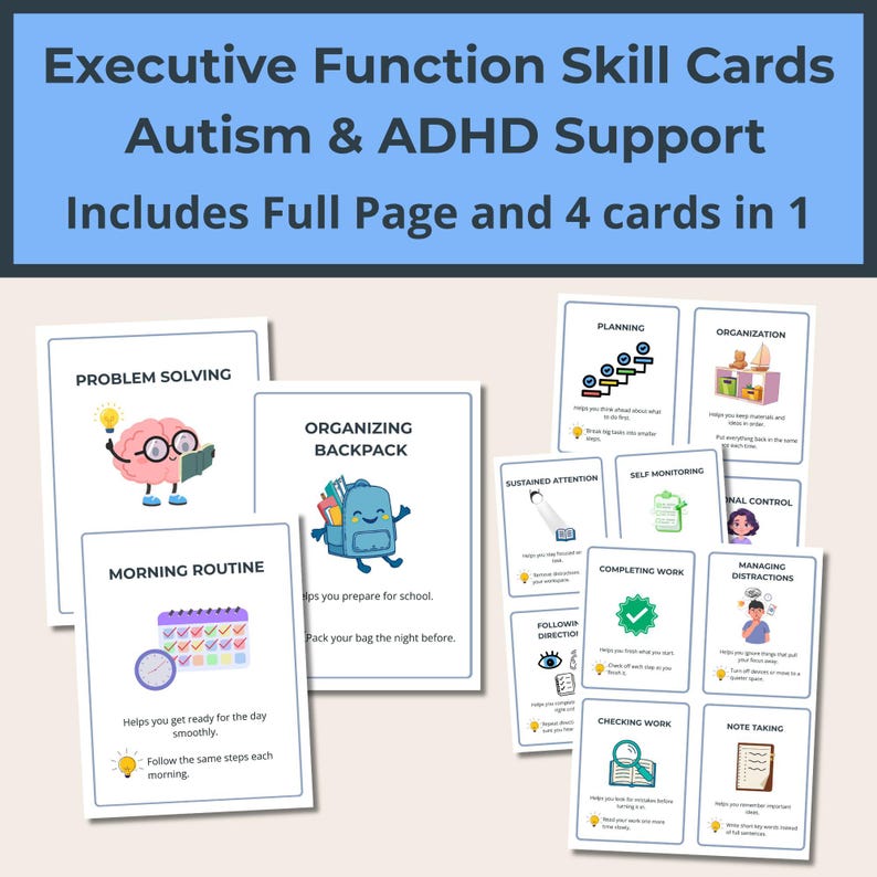 K&ouml;nnte beinhalten: Executive-Funktionskarten zur Unterst&uuml;tzung bei Autismus und ADHS. Die Karten umfassen Vollseiten- und 4-in-1-Optionen. Die Karten behandeln Themen wie Probleml&ouml;sung, Organisation und Morgenroutinen. Jede Karte hat einen Titel und hilfreiche Tipps.