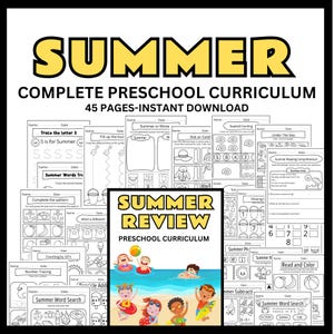 May include: A printable summer preschool curriculum with 45 pages. The cover features a colorful illustration of children playing on a beach. The title "SUMMER REVIEW PRESCHOOL CURRICULUM" is in yellow and black text.