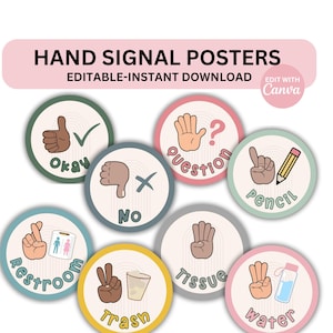 Classroom Hand Signals Poster Display Editable in Canva Boho Modern Classroom Management Teacher Templates Hand Signal classroom cards