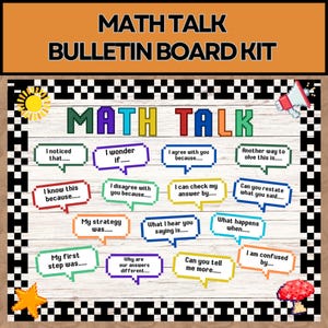 May include: A Math Talk bulletin board kit with the words "MATH TALK" in colorful pixelated letters. The board includes speech bubbles with phrases like "I noticed that..." and "I wonder if..." for classroom discussions.