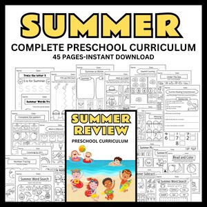 Puede incluir: Un paquete imprimible colorido de 45 hojas de trabajo de preescolar con tem&aacute;tica de verano. Las hojas de trabajo presentan actividades como trazar letras, contar, comprensi&oacute;n lectora y b&uacute;squedas de palabras. La imagen de portada muestra a ni&ntilde;os jugando en una playa.