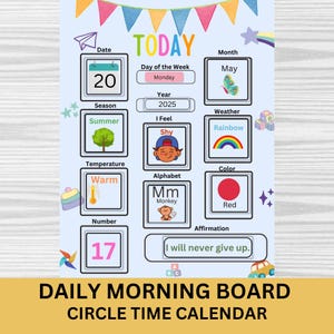 Könnte beinhalten: Ein farbenfrohes tägliches Morgenbrett mit einem Kreiszeitkalender. Das Brett enthält Abschnitte für das Datum, den Wochentag, den Monat, das Jahr, die Jahreszeit, wie sich das Kind fühlt, das Wetter, die Temperatur, die Zahl, das Alphabet, die Farbe und eine Affirmation. Das Brett zeigt eine Vielzahl von Illustrationen, darunter einen Schmetterling, einen Regenbogen, ein Thermometer, einen Affen und einen roten Kreis.