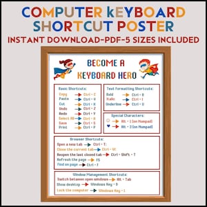 以下が含まれることがあります： コンピューターキーボードのショートカットが記載された額入りのポスター。基本的なショートカット、テキストの書式設定のショートカット、特殊文字、ブラウザのショートカット、ウィンドウ管理のショートカットが含まれています。「BECOME A KEYBOARD HERO」の文字が上部にあります。