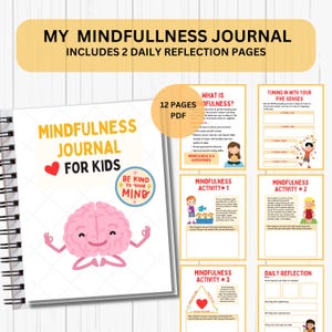 Puede incluir: Un diario de mindfulness imprimible colorido para niños con 12 páginas, incluyendo dos páginas de reflexión diaria. La portada presenta un cerebro rosa con una cara sonriente meditando. El texto en la portada dice "Mi diario de mindfulness" e "Incluye 2 páginas de reflexión diaria".