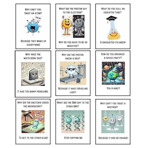 Op de afbeelding: Negen wetenschappelijke woordspelpuntkaarten met kleurrijke illustraties en tekst. De kaarten bevatten grappen over atomen, protonen, elektronen, fotonen, DNA, bacteriën en neutronen. Elke kaart heeft een uniek ontwerp en punchline.