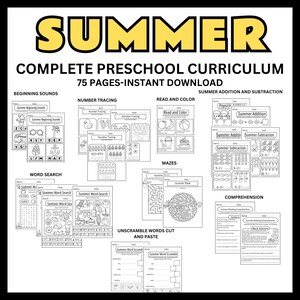 Puede incluir: Hojas de trabajo imprimibles en blanco y negro para ni&ntilde;os de preescolar con un tema de verano. Las hojas de trabajo incluyen actividades como sonidos iniciales, trazado de n&uacute;meros, lectura y colorear, laberintos, b&uacute;squedas de palabras, suma y resta, y comprensi&oacute;n.