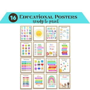 Educational Posters 16 Homeschool Prints Montessori Classroom Decor, Toddler Playroom Neutral Kids Nursery Bright Playroom Wall Art Prints
