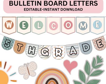 Classroom Bulletin Board Letters Editable in Canva Boho Modern Classroom Bunting Decor Teacher Templates Classroom Banner