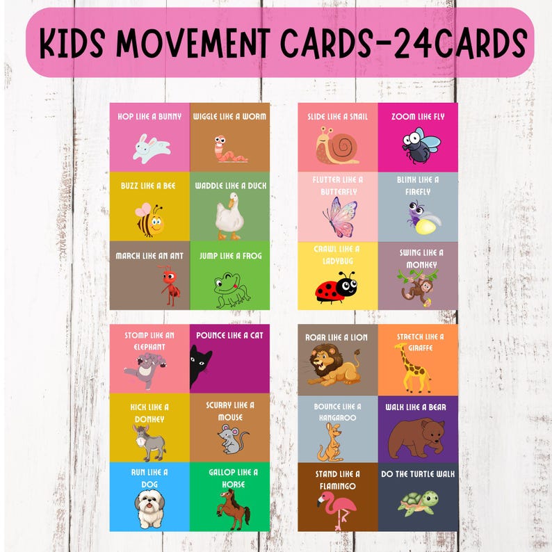 Op de afbeelding: Een set van 24 kleurrijke kaarten met verschillende dieren en instructies voor kinderen om zich als hen te bewegen. De kaarten zijn bedrukt met felle kleuren en cartoonillustraties. De kaarten bevatten instructies zoals "Hup als een konijn", "Wriemel als een worm", "Glij als een slak", "Zoom als een vlieg", "Zoem als een bij", "Waggelt als een eend", "Flapper als een vlinder", "Knipper als een vuurvliegje", "Mars als een mier", "Spring als een kikker", "Kruip als een lieveheersbeestje", "Zwaai als een aap", "Stamp als een olifant", "Stort je op als een kat", "Brug als een leeuw", "Rek je uit als een giraffe", "Trap als een ezel", "Snel als een muis", "Stuiter als een kangoeroe", "Loop als een beer", "Ren als een hond", "Galoppeer als een paard", "Sta als een flamingo", en "Doe de schildpadwandeling".