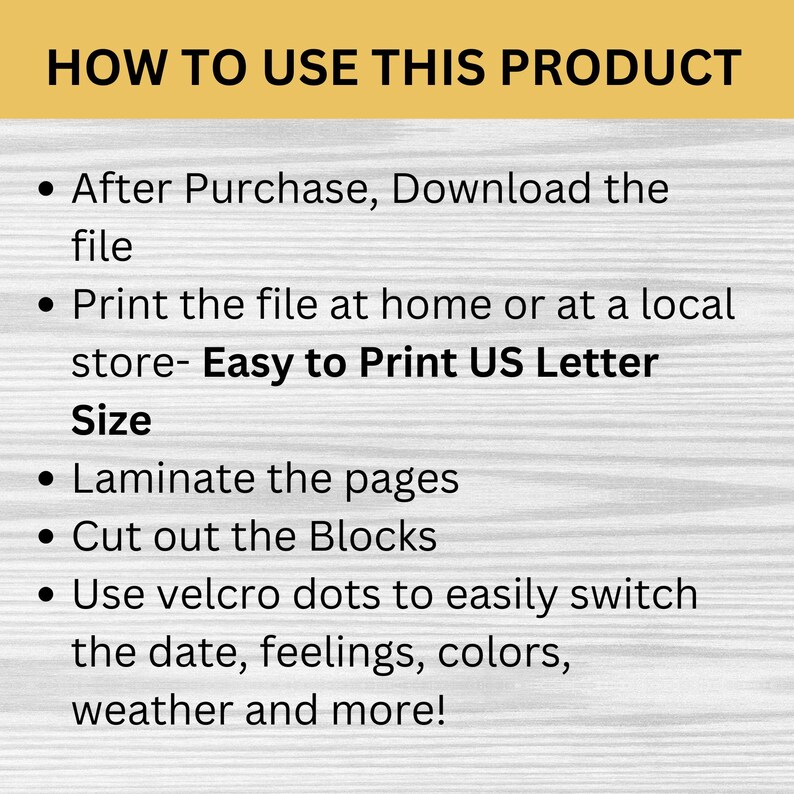 Op de afbeelding: Instructies voor het gebruik van een printbaar product. Na aankoop download je het bestand, print je het thuis of in een lokale winkel op US Letter-formaat papier. Lamineer de pagina's, knip de blokken uit en gebruik klittenband stippen om de datum, gevoelens, kleuren, het weer en meer gemakkelijk te wisselen.