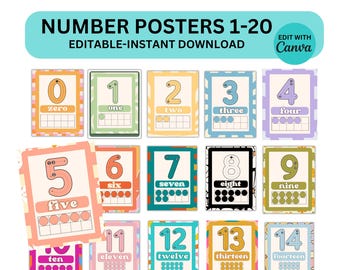 May include: A collection of colorful number posters from 1 to 20, with each card featuring a number, its word form, and a corresponding visual representation. The posters have a retro design and are labeled "Editable-Instant Download."