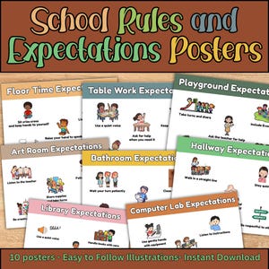 Puede incluir: Un conjunto de diez carteles educativos con ilustraciones y texto, titulados "School Rules and Expectations Posters". Los carteles cubren temas como el tiempo en el suelo y el trabajo en la mesa. El texto incluye "Easy to Follow Illustrations" y "Instant Download".