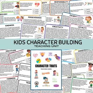 Op de afbeelding: Educatieve poster met karaktereigenschappen zoals moed, vriendelijkheid en doorzettingsvermogen. Kleurrijke illustraties en tekst beschrijven elke eigenschap, met voorbeelden van kinderen. Ontworpen voor een les over karaktervorming voor kinderen.