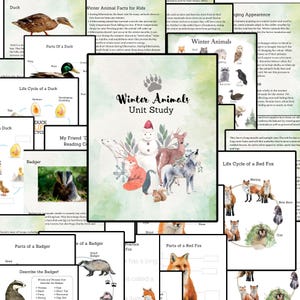 Peut inclure: Ensemble de documents imprimables éducatifs intitulés "Winter Animals Unit Study". Les illustrations présentent divers animaux d'hiver comme un renard, un cerf, un pingouin et un hibou. Les pages incluent également des informations sur les canards et les blaireaux.